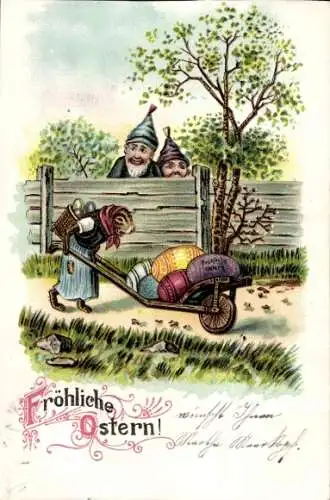 Ak Frohe Ostern, Osterhase, Schubkarre, Ostereier, Zwerge