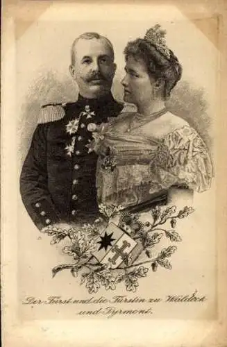 Litho Fürst und Fürstin zu Waldeck und Pyrmont, Portrait, Wappen