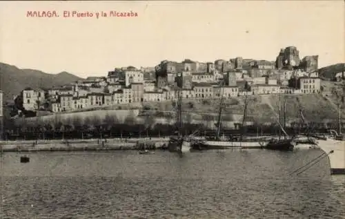 Ak Malaga Andalusien Spanien, Hafen und die Alcazaba