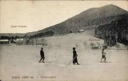 Ak Le Donon Hohe Donne Elsass Bas Rhin, Hotel Velleda, Forsthaus, Skiläufer, Winter