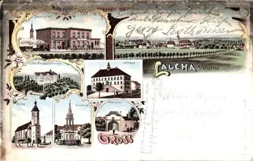 Litho Laucha an der Unstrut, Bahnhof, Denkmal, Rathaus, Kirche, Schloss