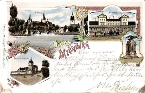 Litho Merseburg an der Saale, Bahnhof, Schloss, Neues Ständehaus, Rabenhaus