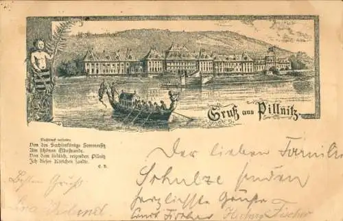 Vorläufer Litho Dresden Pillnitz, Ruderboot, Schloss, 1895