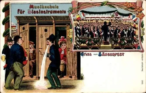 Litho Gruß vom Sängerfest, Musikschule für Blasinstrumente, Toilettenhumor