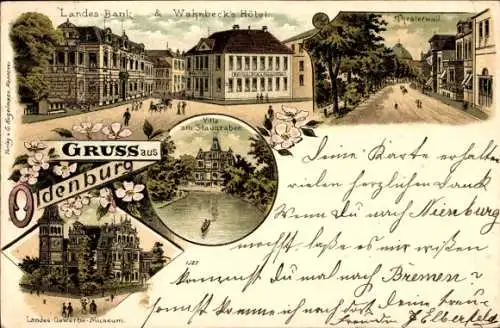 Litho Oldenburg im Großherzogtum Oldenburg, Villa am Staugraben, Theaterwall, Wahnbecks Hotel