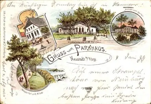 Litho Neustadt am Rübenberge in Niedersachsen, Gruß vom Parkhaus, Fr. Starwig's Restaurant