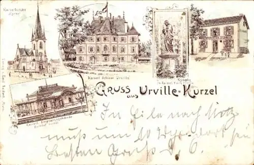 Litho Courcelles Chaussy Kurzel Lothringen Moselle, Schloss Urville, Kaiserkirche, Schloss