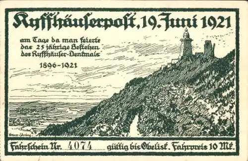 Künstler Ak Kyffhäuserland Thüringen, Kyffhäuser Denkmal, Kyffhäuserpost vom 19. Juni 1921