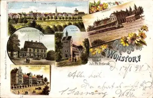 Litho Wunstorf in Niedersachsen, Bahnhof, Gleisseite, Bahnhofs-Hotel