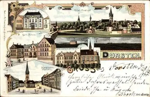 Litho Dorsten in Westfalen, Totalansicht, Hospital, Marktplatz, Schule