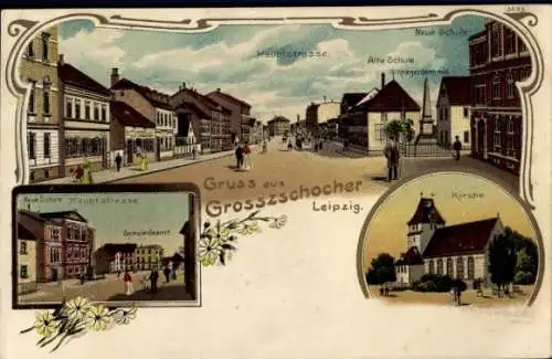 Litho Großzschocher Leipzig Sachsen, Hauptstraße, Neue Schule, Kriegerdenkmal, Gemeindeamt, Kirche