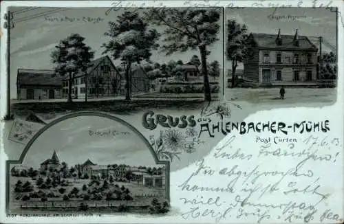 Mondschein Litho Cürten Kürten, Ahlenbacher Mühle, Postamt, Gasthof zur Post