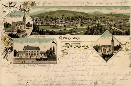 Litho Derschlag Gummersbach im Oberbergischen Kreis, kath. Kirche, Bahnhof, ev. Kirche, Panorama