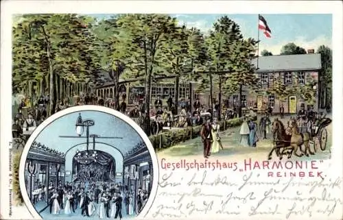 Litho Reinbek in Schleswig Holstein, Gesellschaftshaus Harmonie, Saal, Garten, Kutsche