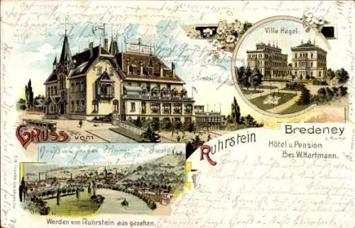 Litho Bredeney Essen im Ruhrgebiet, Villa Hügel, Werden, Blick vom Ruhrstein