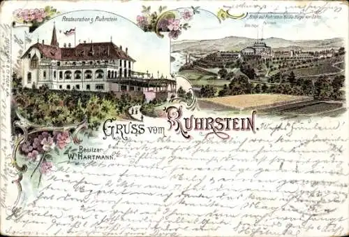 Litho Ruhrstein Essen im Ruhrgebiet, Restaurant Ruhrstein, Villa Hügel