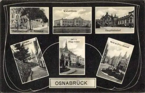 Ak Osnabrück in Niedersachsen, Waisenhaus, Hauptbahnhof, Markt, Herrnteichwall, Anstalt, Denkmal