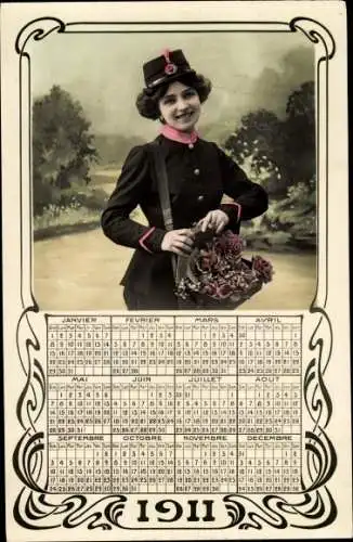 Jugendstil Ak Jahreszahl 1911, Kalender, Briefträgerin, Rosen