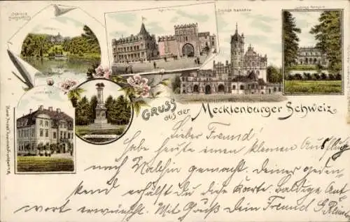 Litho Malchin in Mecklenburg, Schloss Burgschlitz, Ivenack, Kriegerdenkmal, Schloss Basedow