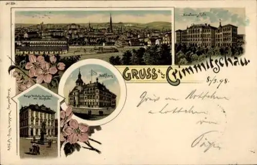 Mondschein Litho Crimmitschau in Sachsen, Knabenschule, Rathaus, Kaiser-Wilhelm-Denkmal