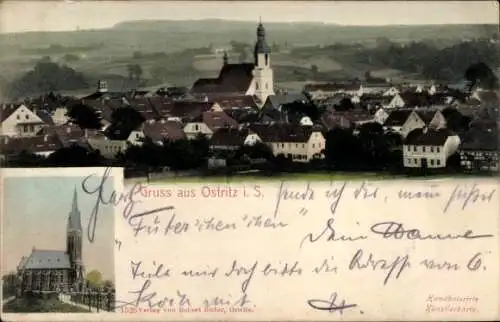 Ak Ostritz in der Oberlausitz, Gesamtansicht, Kirche