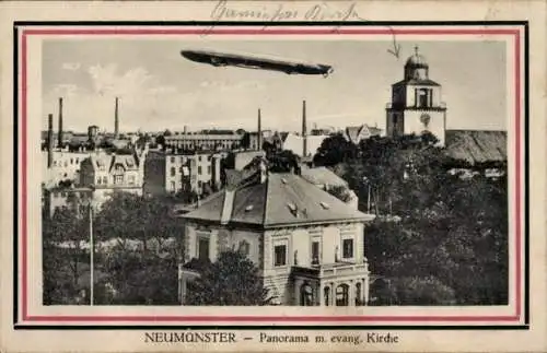 Ak Neumünster in Holstein, Panorama, Evangelische Kirche, Zeppelin