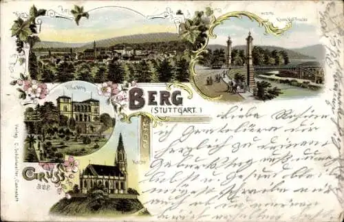 Litho Berg Stuttgart in Baden Württemberg, Kirche, Villa, König-Karl-Brücke