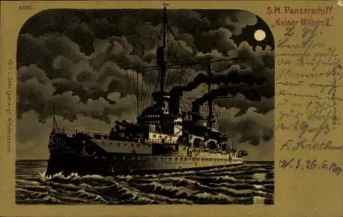 Mondschein Litho Deutsches Kriegsschiff, SMS Kaiser Wilhelm II., Kaiserliche Marine