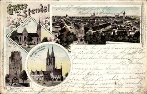 Litho Stendal in Sachsen Anhalt, Domkirche, Rathaus, Uenglinger Tor