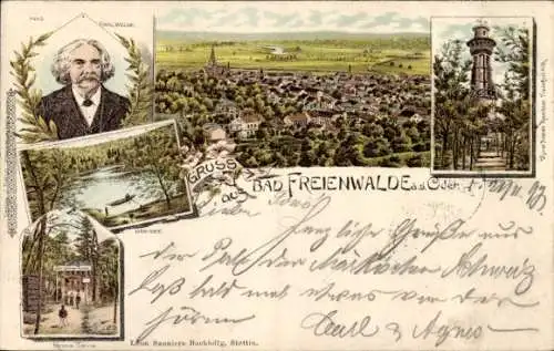 Litho Bad Freienwalde an der Oder, Karl Weise, Turm, Baa-See, Grüne Tanne