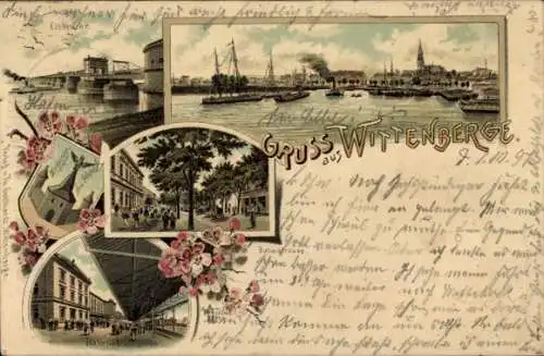 Litho Wittenberge an der Elbe Prignitz, Bahnstraße, Bahnhof, Elbbrücke, Hafen