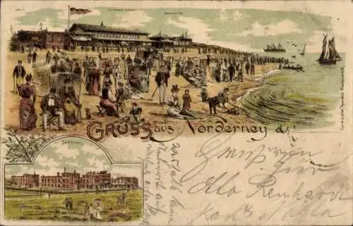 Litho Nordseebad Norderney Ostfriesland, Strand, Marienhöhe, Seehospiz, Victoria-Halle