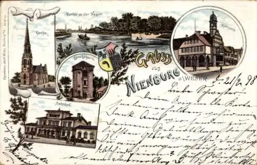 Litho Nienburg an der Weser, Rathaus, Kirche, Weserpartie, Bahnhof, Stockturm