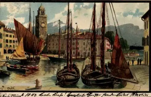 Künstler Litho Riva del Garda Trentino, Hafen, Boote, Turm