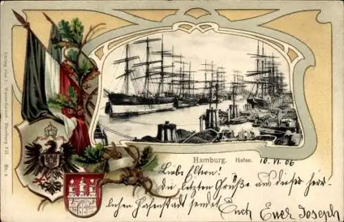Präge Passepartout Wappen Ak Hamburg, Hafen, Fahne, Eichenlaub