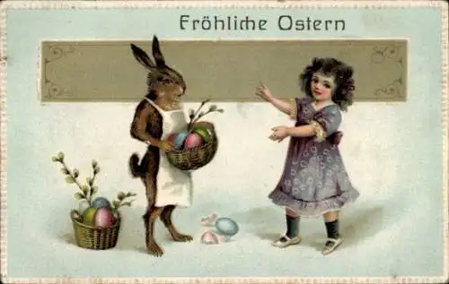 Präge Ak Glückwunsch Ostern, Osterhase, Mädchen, Ostereier, Weidenkätzchen