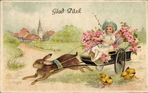 Präge Ak Glückwunsch Ostern, Osterhase, Kind, Blumen, Weidenkätzchen, Küken, Fuhrwerk