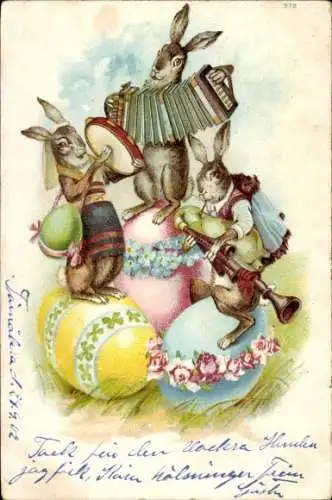 Litho Glückwunsch Ostern, Osterhasen, Ostereier, Tamburin, Akkordeon, Dudelsack