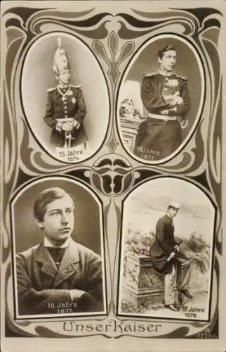 Jugendstil Ak Kaiser Wilhelm II., Portraits von 1874 bis 1878