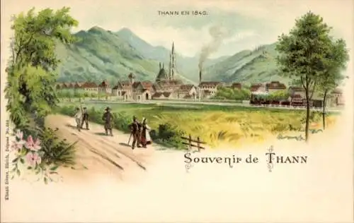 Litho Thann Elsass Haut Rhin, Gesamtansicht, Spaziergänger, Kirche, Jahr 1800