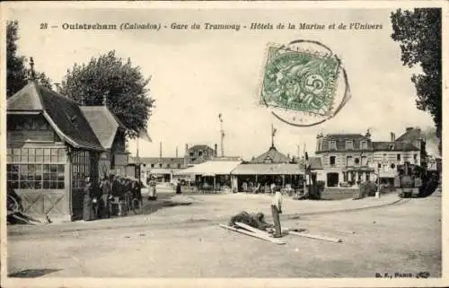 Ak Ouistreham Calvados, Straßenbahnhaltestelle, Hotels de la Marine und de l'Univers