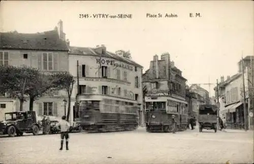 Ak Vitry sur Seine Val de Marne, Place Saint Aubin, Hotel de la Mairie, Straßenbahnen