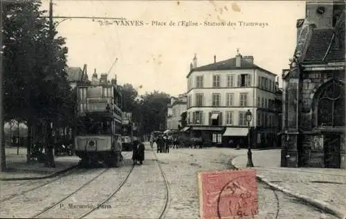 Ak Vanves Hauts de Seine, Place de l'Eglise, Straßenbahnhaltestelle