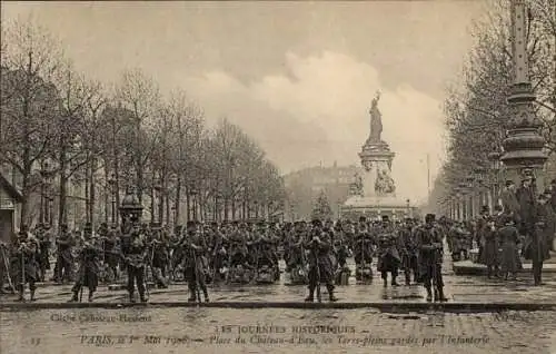 Ak Paris, 1. Mai 1906, Place du Chateau d'Eau, von der Infanterie bewachte Freiflächen