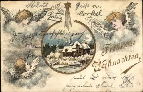 Präge Litho Glückwunsch Weihnachten, Engel, schneebedecktes Haus, Stern