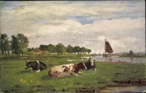 Künstler Ak Rinder auf einer Wiese am Fluss