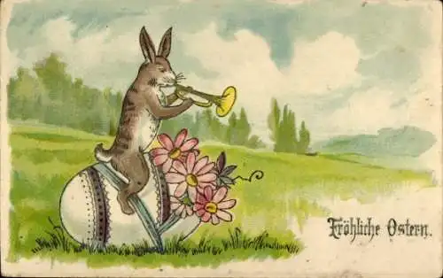 Präge Litho Glückwunsch Ostern, Hase spielt trompete, Osterei