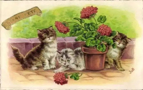 Künstler Ak Glückwunsch, Drei Hauskatzen beim Spielen, Blumentopf, Kätzchen