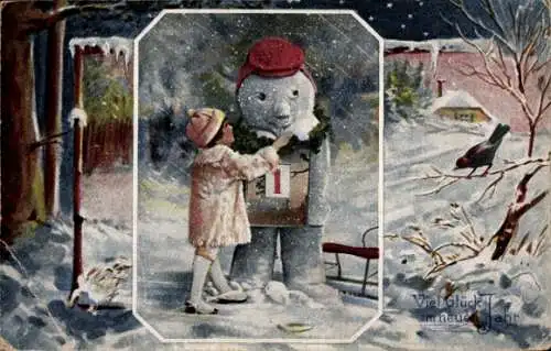 Ak Glückwunsch Neujahr, Mädchen, Schneemann, Kalender