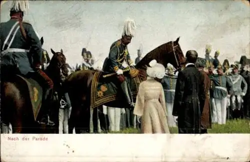 Ak Nach der Parade, Kaiser Wilhelm II. zu Pferde, Soldaten